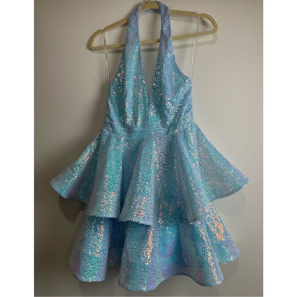 Ice Blue iridescent sequin halter dress - Picture 7 of 16